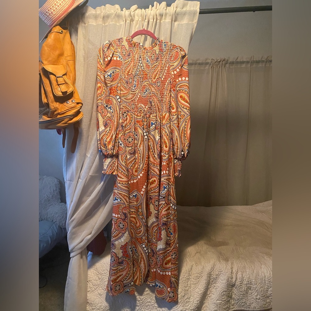 Paisley Long Sleeve Smocked Boho Maxi-Dress